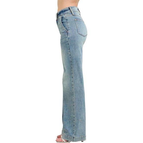 Women's High Waisted Wide Leg Jeans Double Button Zipper 13 - Picture 4 of 5